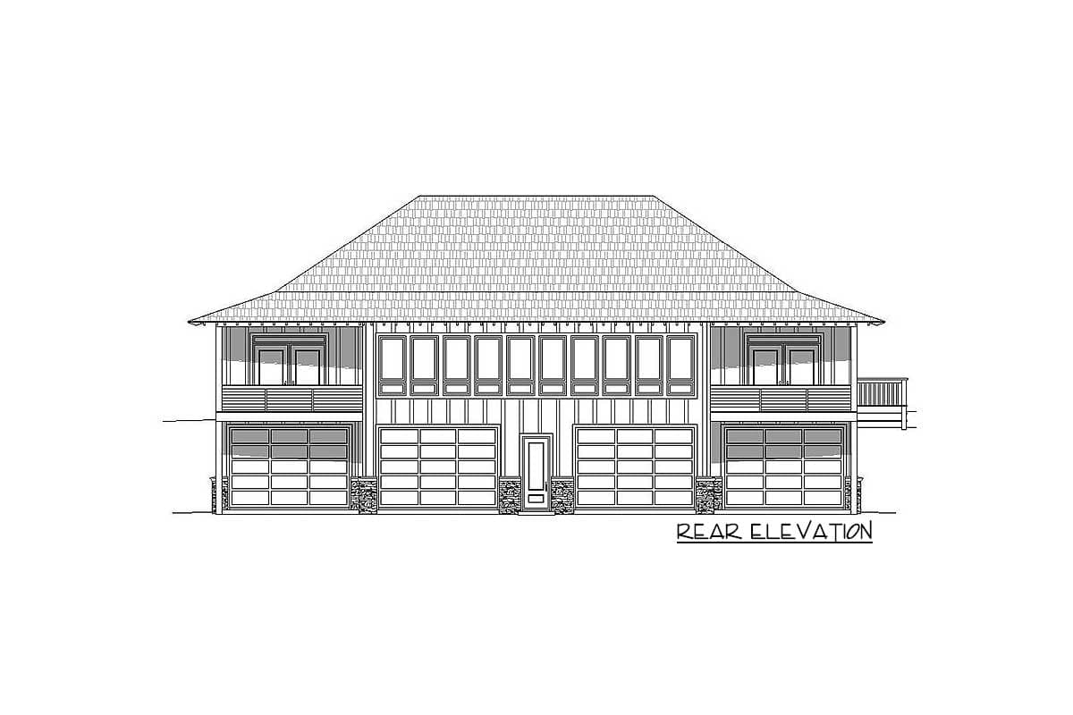 Rear elevation drawing of a house plan with five garage doors, two second-story balconies, and a hipped roof.