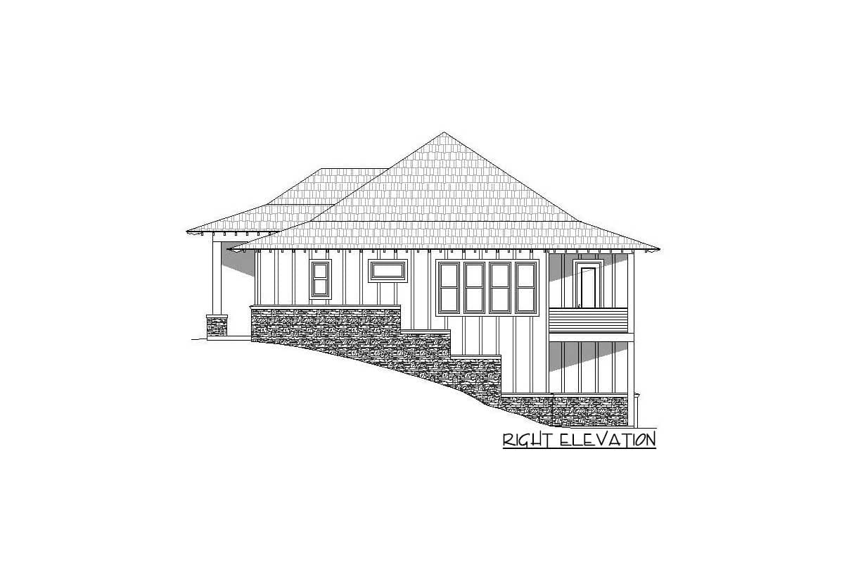 Right elevation house plan with a layered roof, stone foundation, and a covered porch with columns.