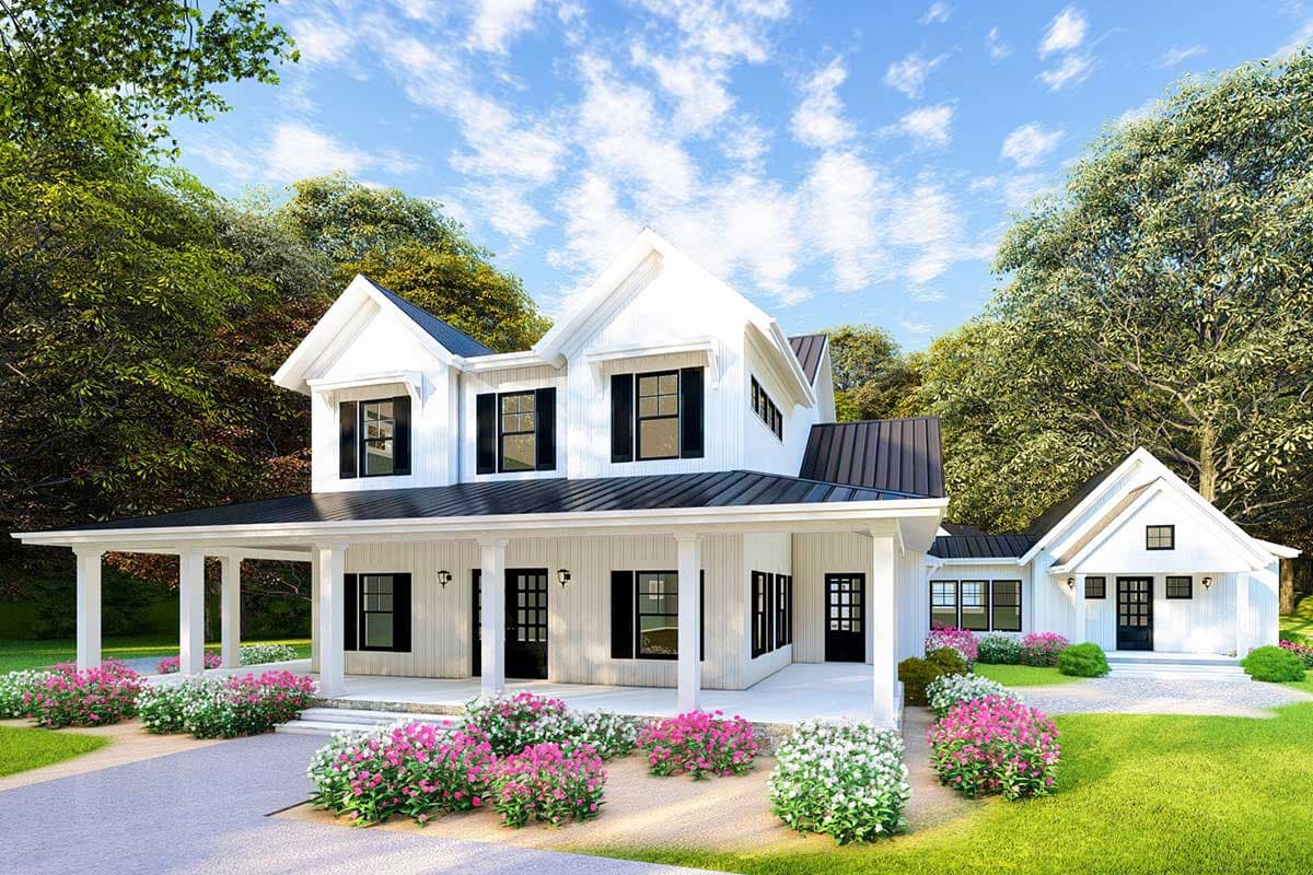 Modern Farmhouse house plan exterior with wraparound porch, gables, and metal roof.