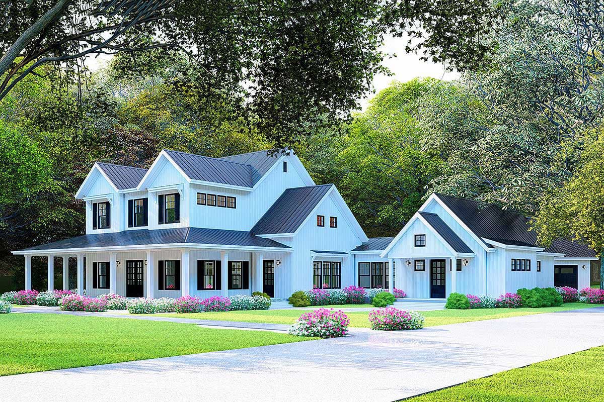 Modern Farmhouse house plan exterior with wrap-around porch, gables, metal roof, and attached garage.
