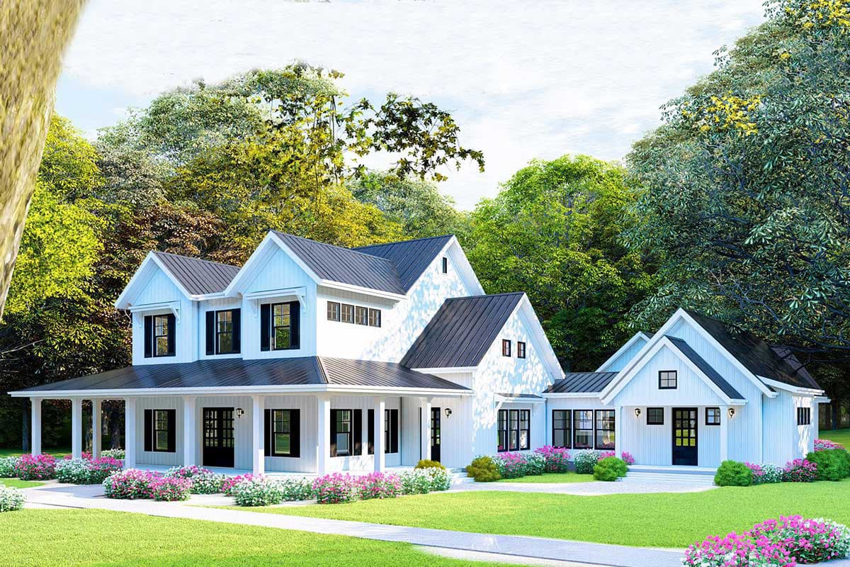 House plan exterior in Farmhouse style, two stories. Features include a wrap-around porch, gables, and multiple rooflines with dark metal. 