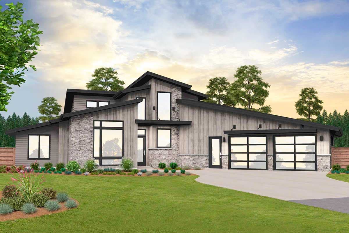 House plan exterior. Modern style with asymmetrical gabled roof, stone and wood siding, and glass garage doors. Features large windows.