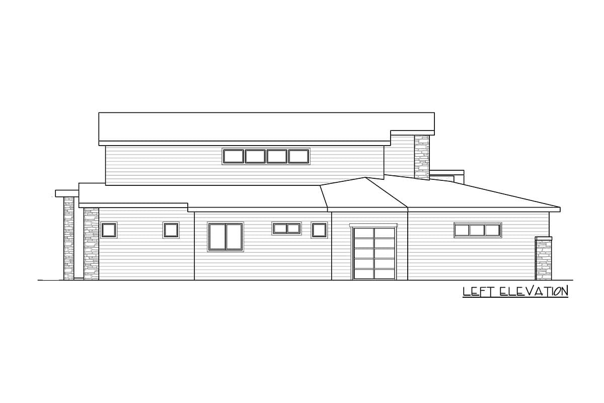 Left elevation drawing of a two-story house plan with horizontal siding, stone accents, and multiple windows.