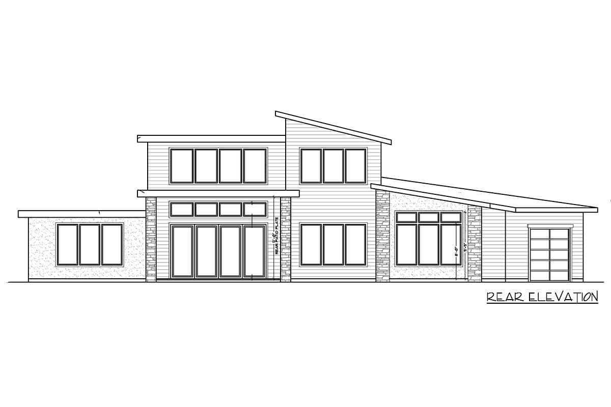 Rear elevation house plan: Modern style with multi-story sections, large windows, stone accents, and attached garage.