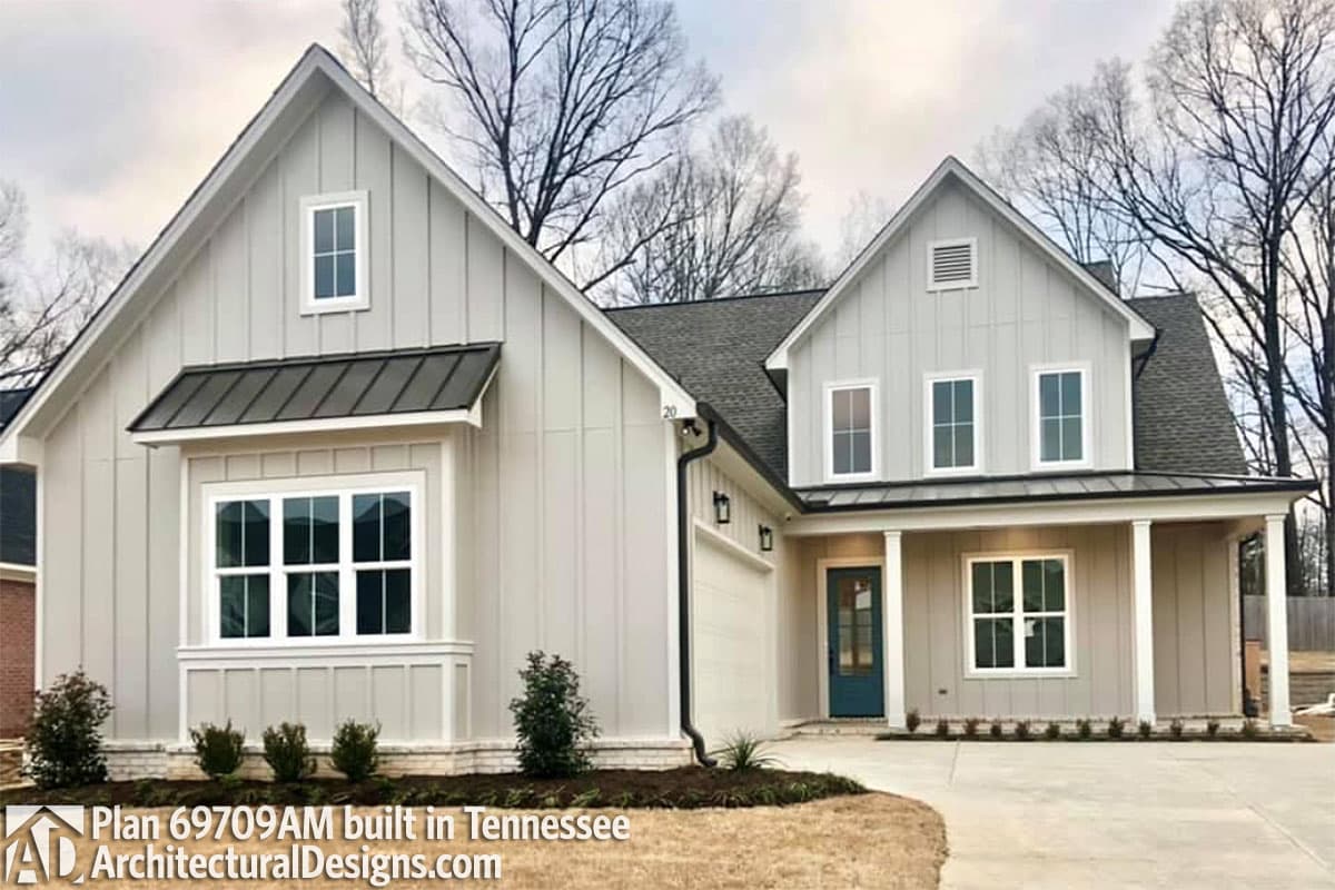 Modern Farmhouse house plan exterior with board and batten siding, gables, dormers, and a covered porch.
