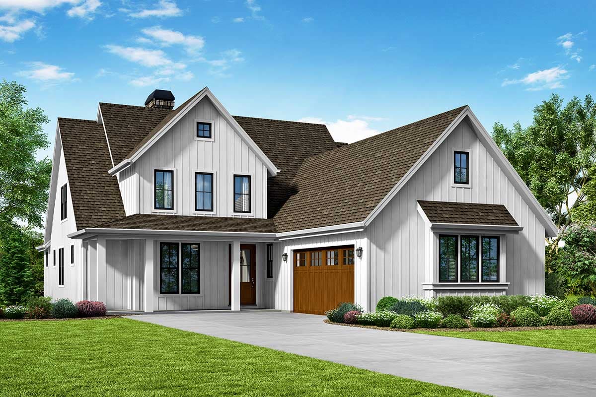House plan exterior. Two-story Modern Farmhouse with gables, dormers, and attached garage. Features include board and batten siding.