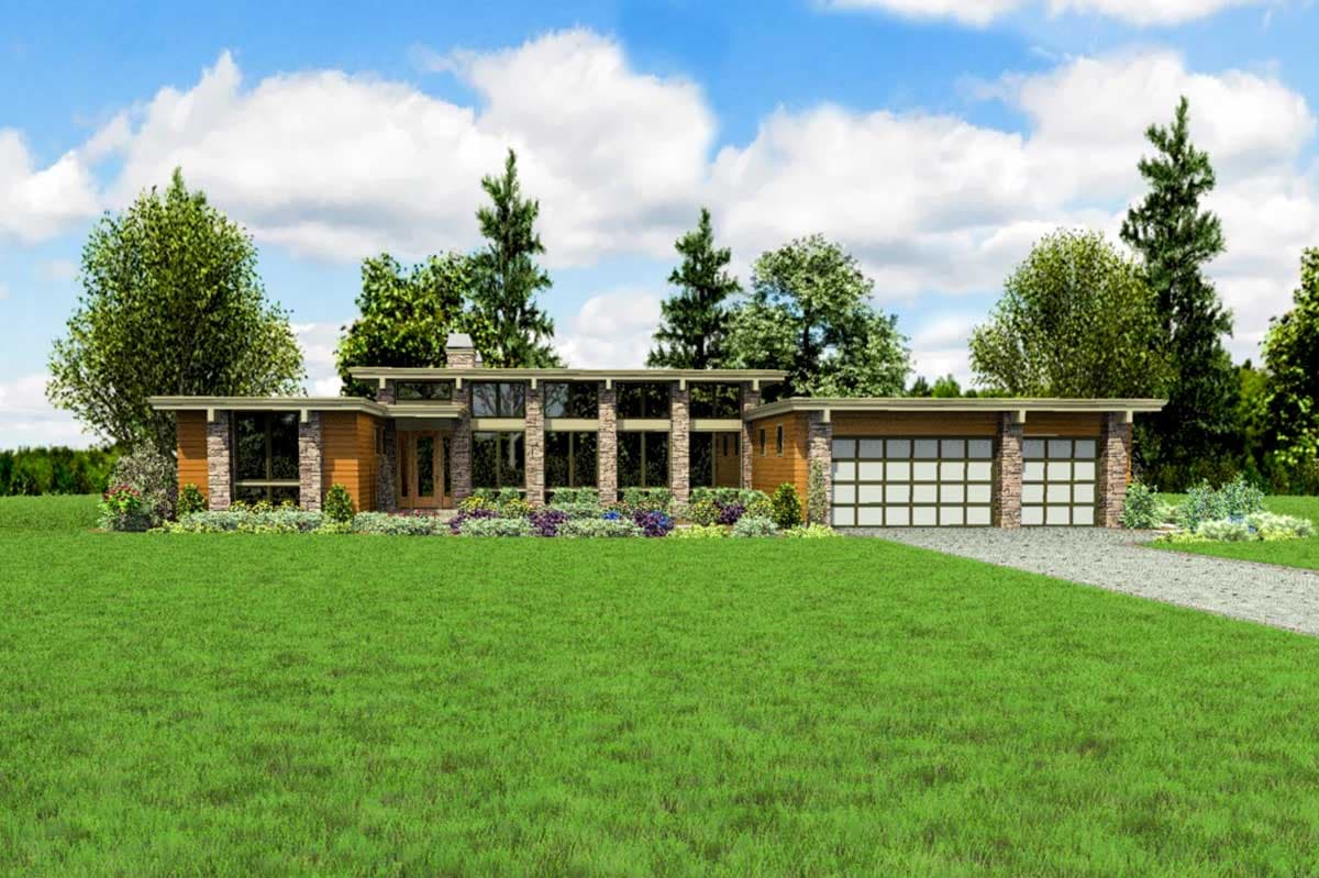 Modern ranch house plan exterior with a low-pitched roof, stone and wood siding, a central chimney, and a two-car garage.