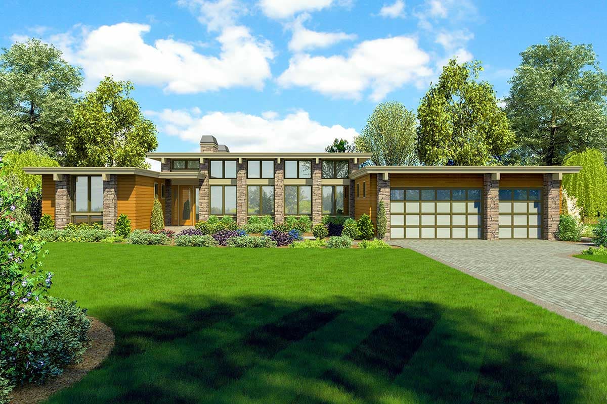 Modern house plan exterior with stone accents, large windows, flat rooflines, and a three-car garage.