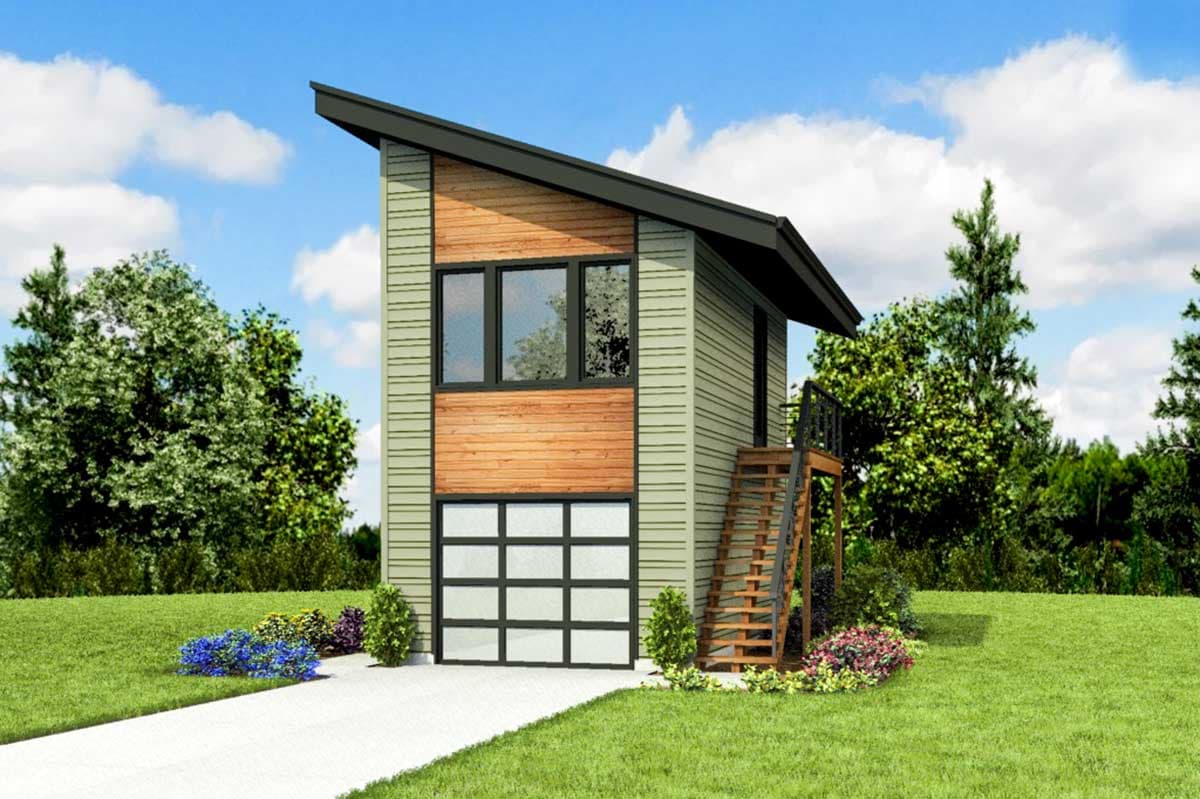 Modern house plan exterior, two stories, with a slanted roof, horizontal siding, wood accents, and a glass garage door.