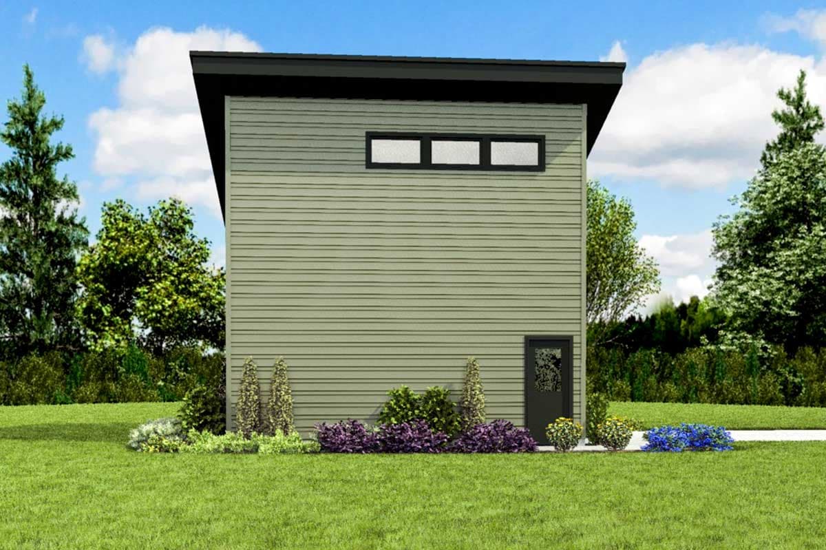 Modern house plan exterior: two stories, horizontal siding, flat roof, and three horizontal windows.