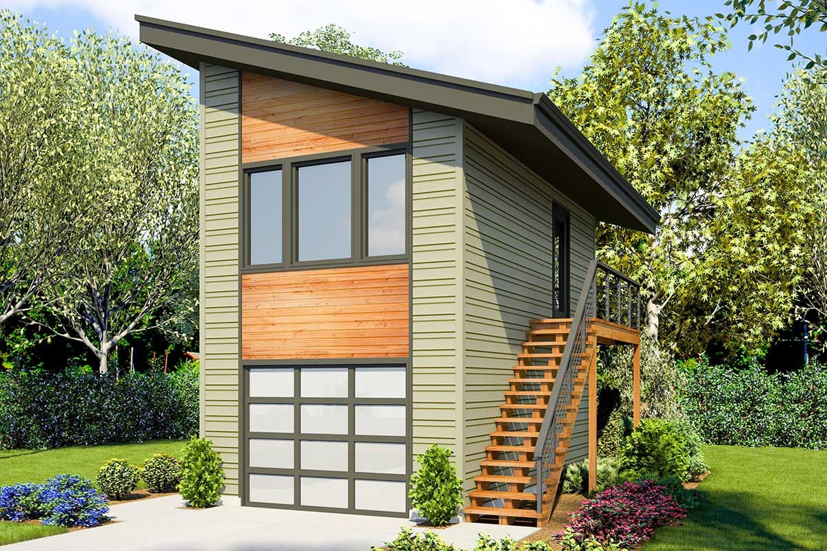 House plan exterior. Modern style, one-story. Features include a shed roof, wood siding accent, a glass garage door, and an exterior staircase.