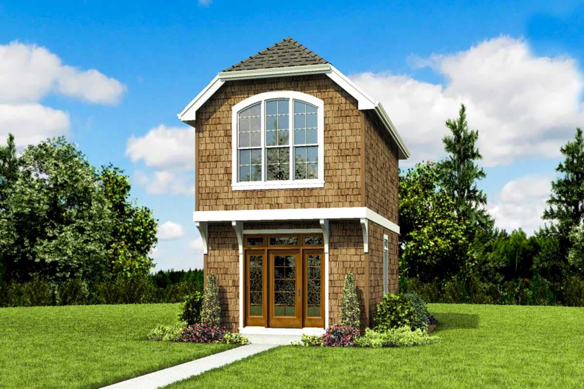 House plan exterior: Two-story home with wood shake siding, double front doors, and an arched window.