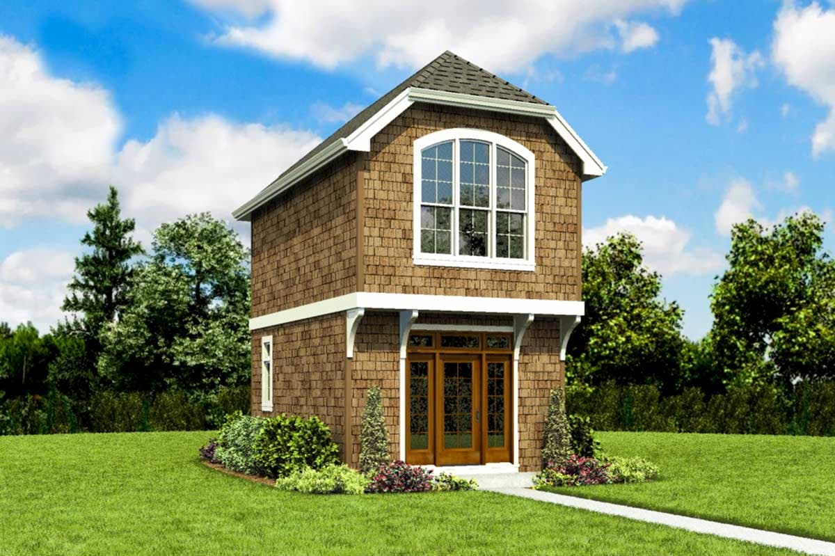 House plan exterior, two stories, shingled siding, arched second-story window, double front doors.