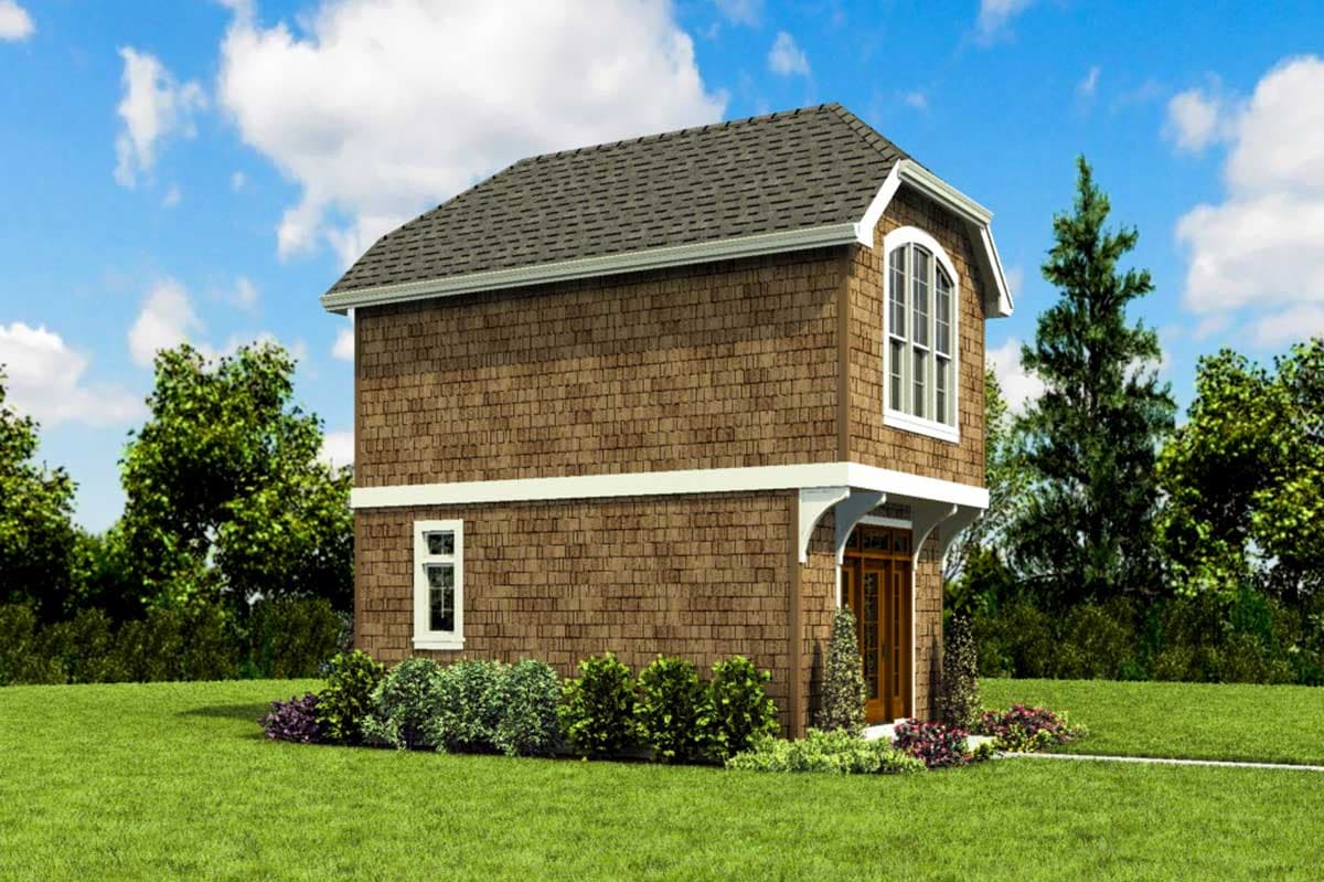 House plan exterior: two-story building with cedar shake siding, arched dormer window, and covered entry.