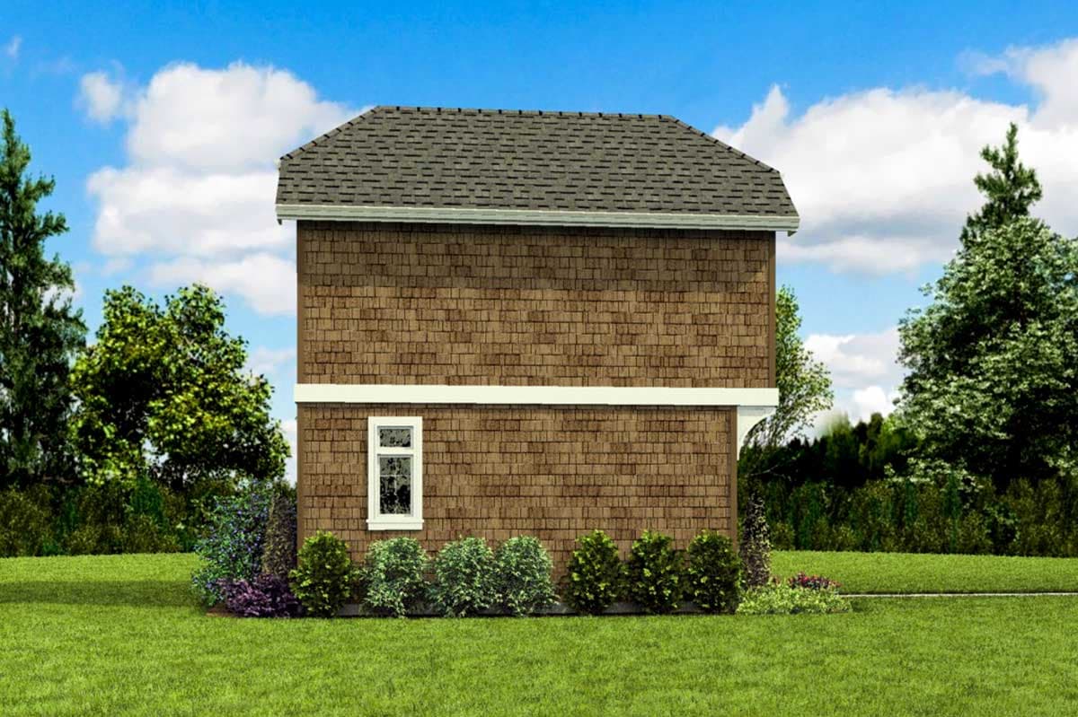 House plan exterior: Two-story home with shake siding, white trim, gabled roof, and a single window on the visible side.