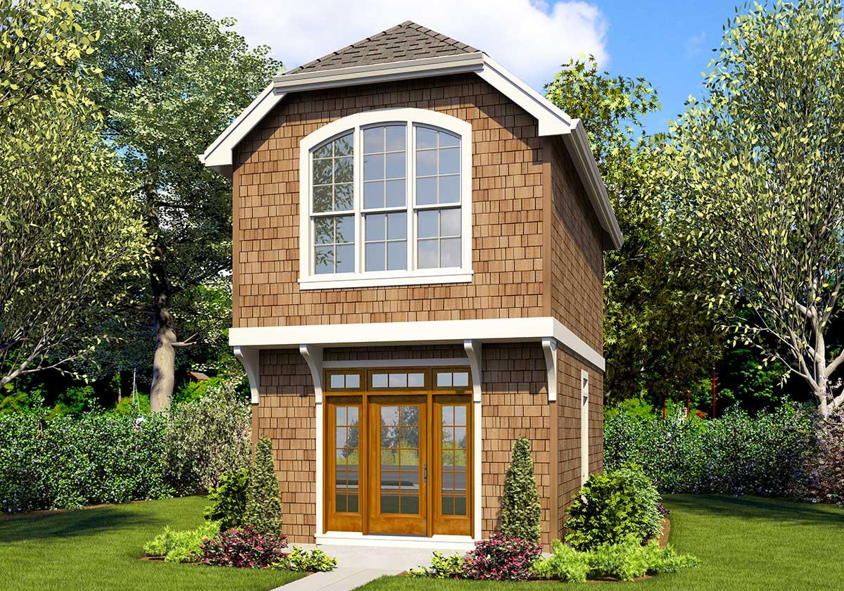 House plan exterior. Two-story structure with cedar shake siding, a gable roof, and an arched window above a covered entry with French doors.