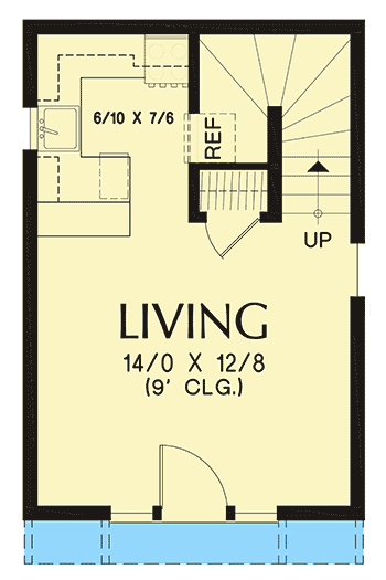 Plan 69703AM: Delightful Tiny House Plan with Upstairs Bedroom - 628 Sq Ft - Floor Plan - Main Level - Cottage, Vacation