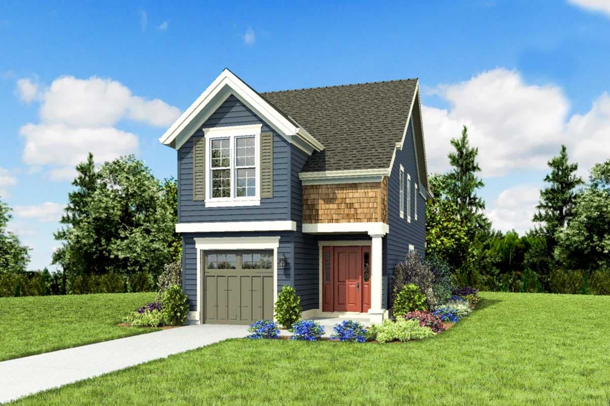 House plan exterior: two-story blue home with gabled roof, single-car garage, shingled accent, and covered entry.