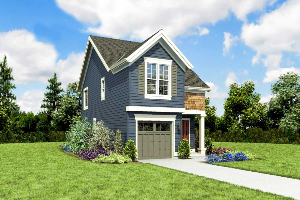 Two-story house plan exterior with a gable roof, vinyl siding, cedar shake accents, and a front-facing garage.