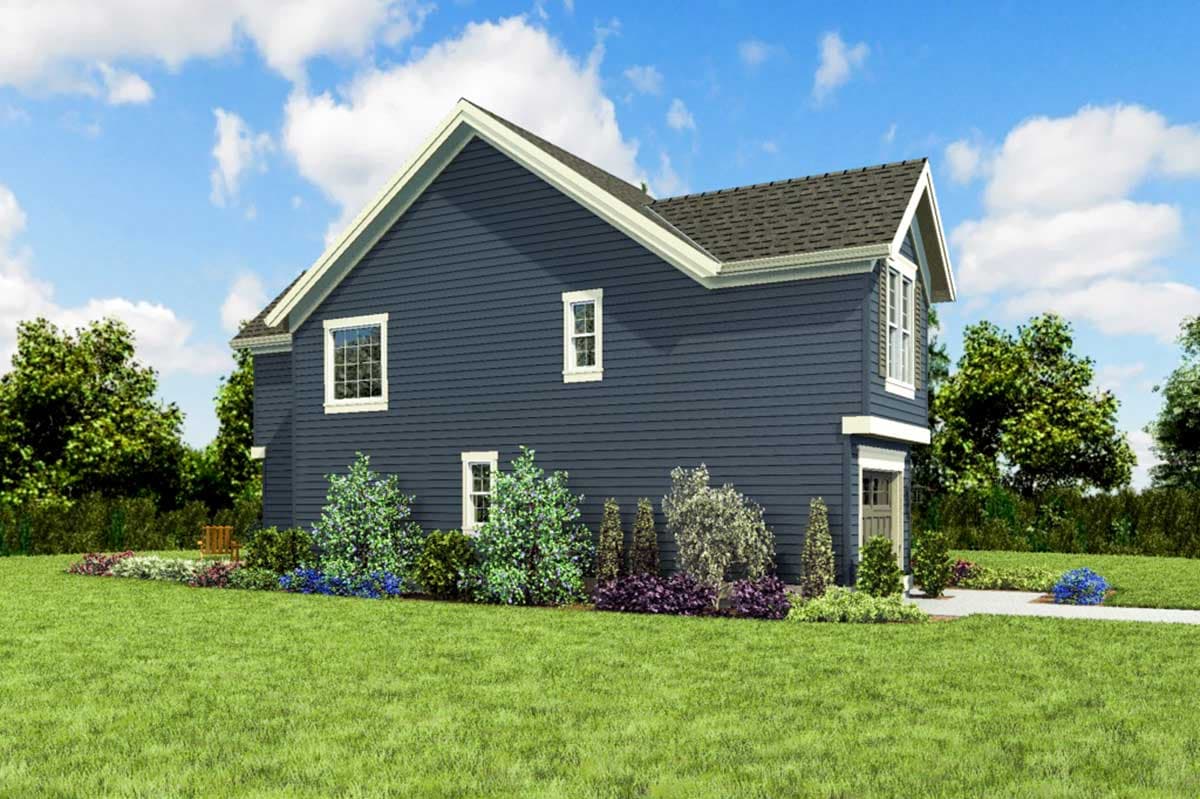 House plan exterior: Two-story home with gambrel roof, vinyl siding, multiple gables, and a side-facing garage.