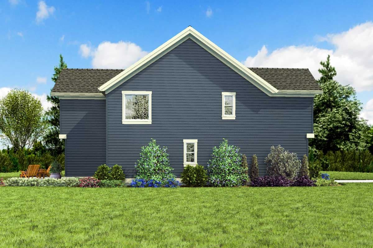 House plan exterior showing a two-story home with vinyl siding, gable roof, and multiple windows.