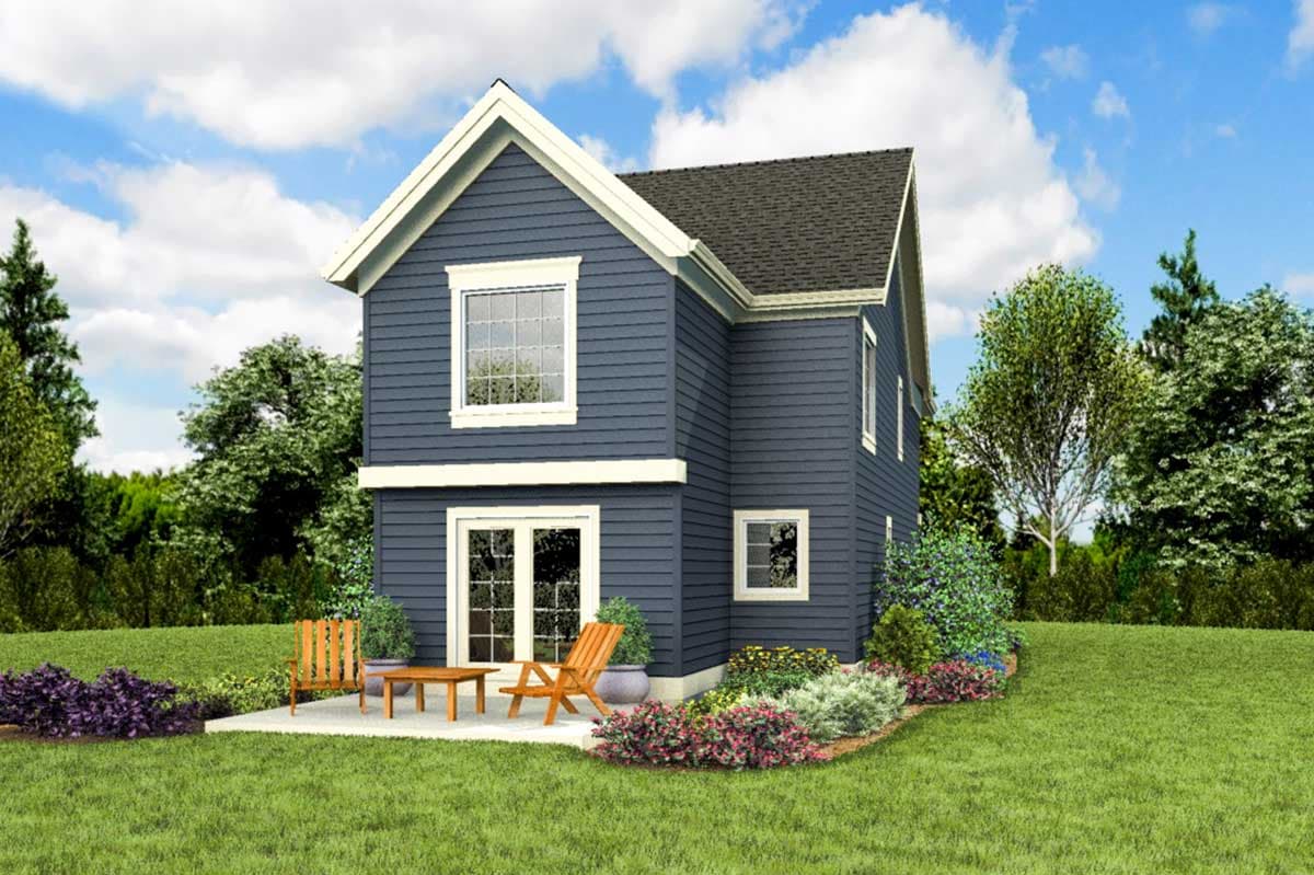 Two-story house plan exterior with dark blue siding, prominent gables, and a large front-facing window.