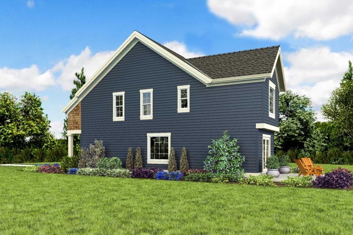 House plan exterior: Two-story home with dark blue siding, prominent gables, and cedar shake accents on the left side.