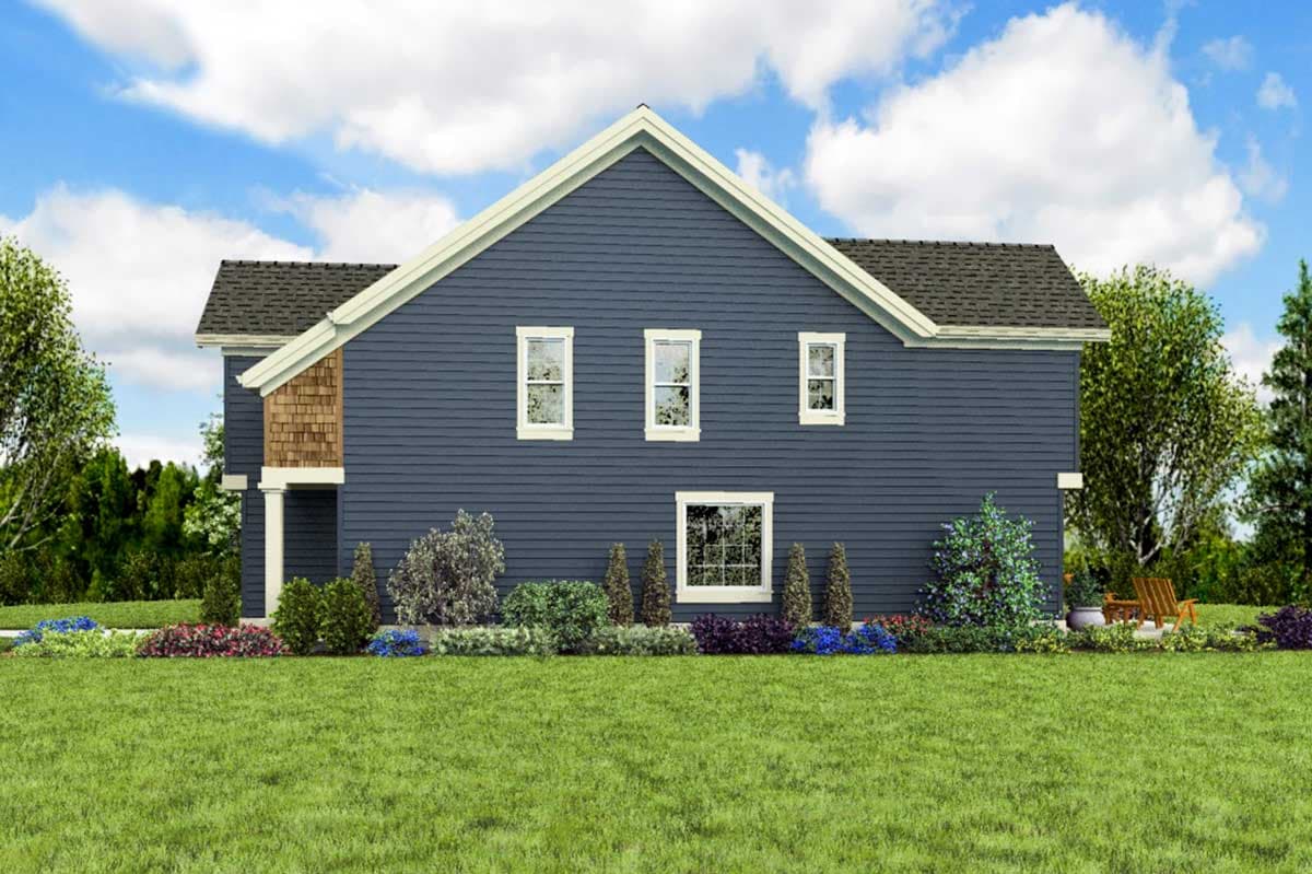House plan exterior: Two-story, blue siding, gable roof, stone accent wall, three upper windows, one lower window.