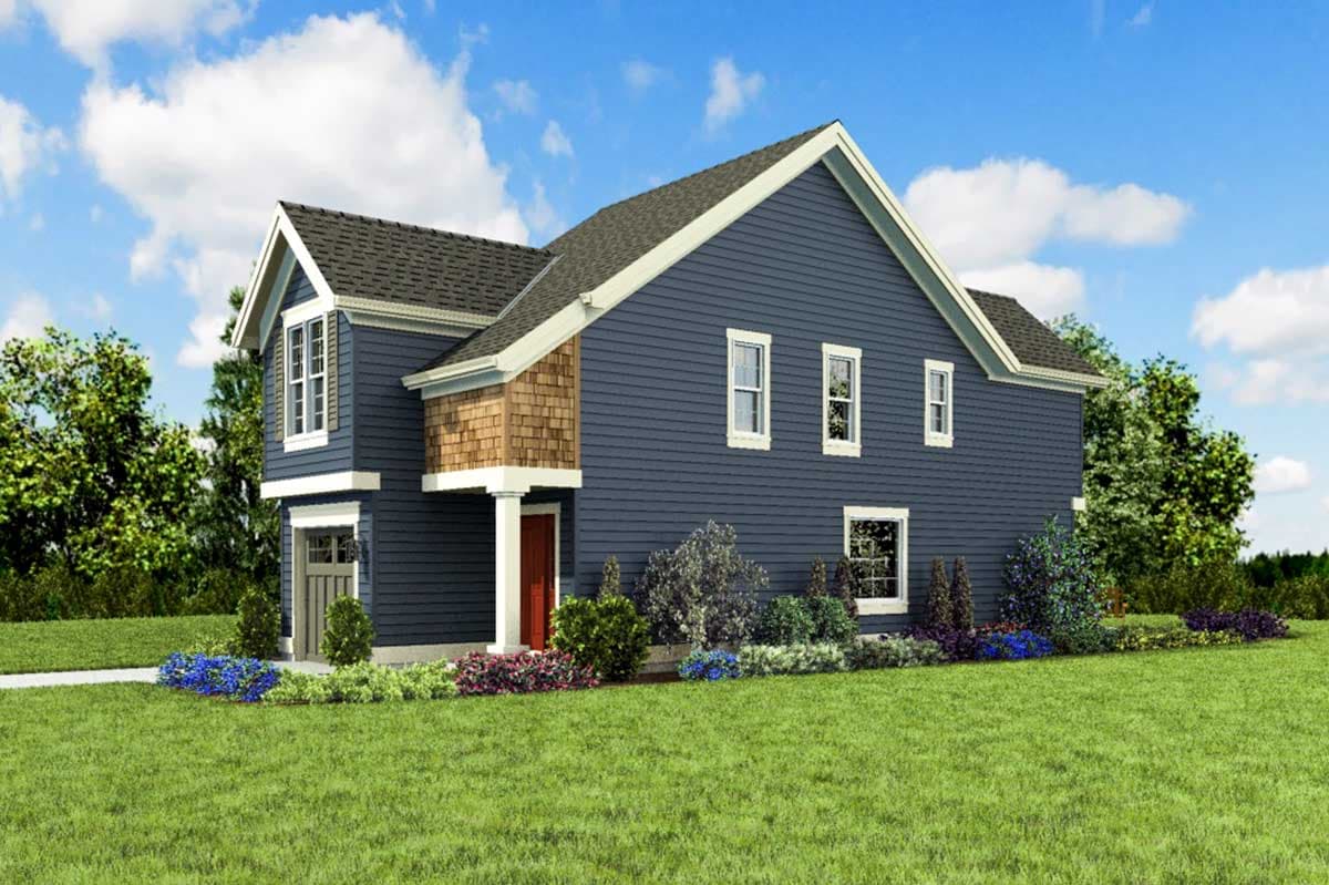 House plan exterior: Two-story home with a prominent gable, cedar shingle accent, covered porch with columns, and an attached garage.