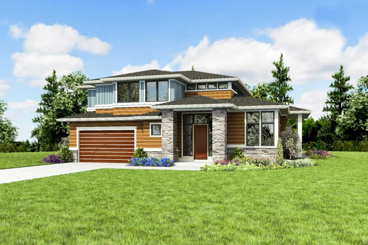 House plan exterior: two-story modern home with horizontal siding, stone accents, multi-pane windows, and attached garage.