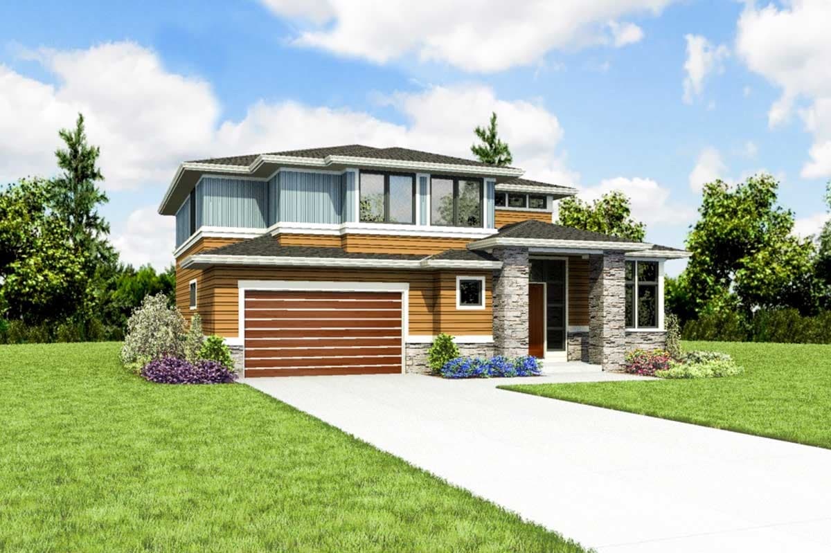 Modern house plan exterior with two stories, horizontal siding, stone accents, a two-car garage, and large windows.