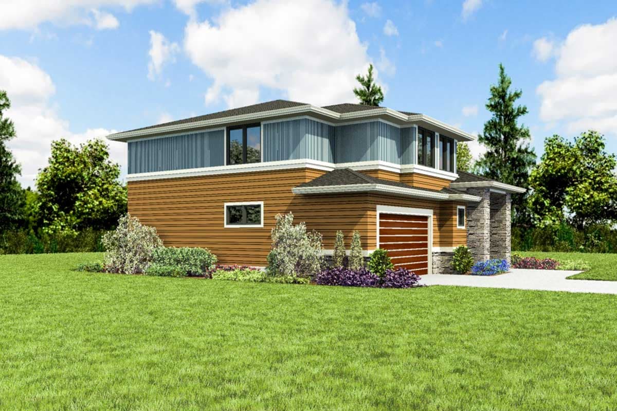 House plan exterior: two-story modern design with horizontal siding, a stacked stone garage entrance, and a cantilevered second story.
