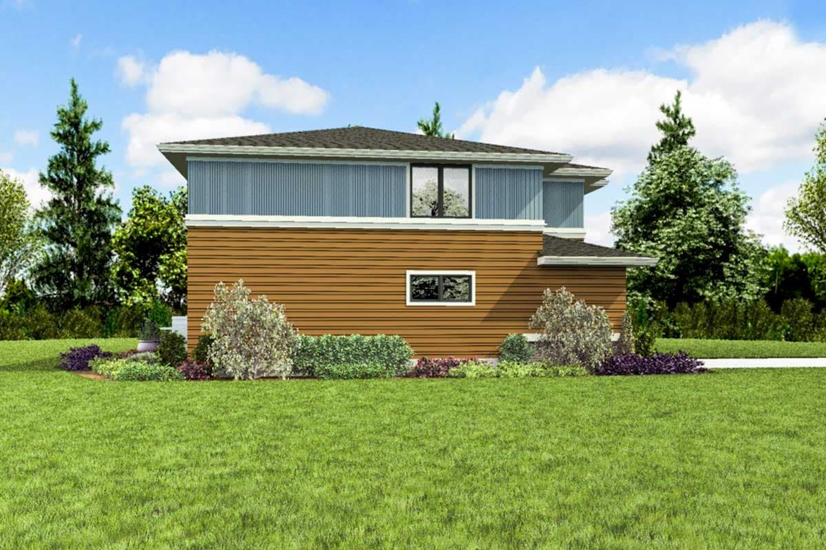 House plan exterior, two stories, horizontal siding, vertical siding upper section, flat roof.