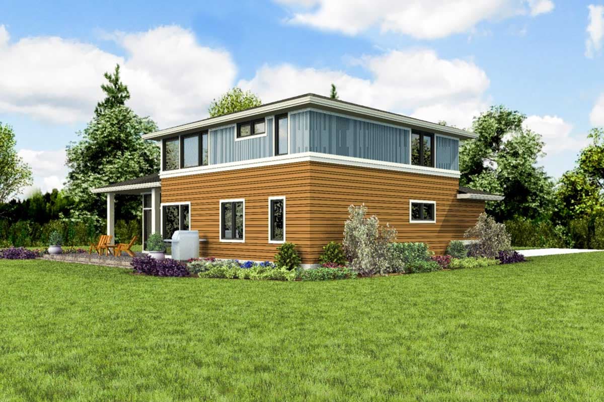 Modern house plan exterior with two stories, horizontal siding, vertical siding upper level, and covered porch.
