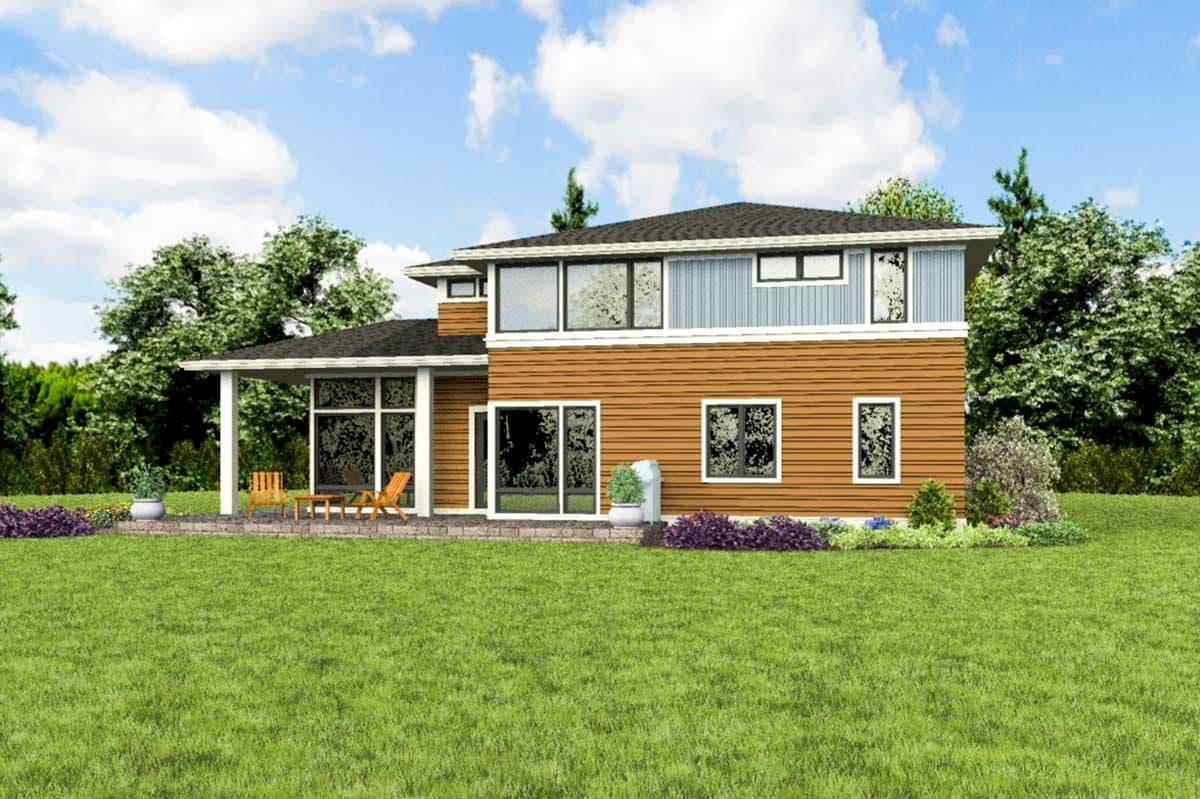 House plan exterior: Two-story modern home with horizontal siding, large windows, and a covered patio.