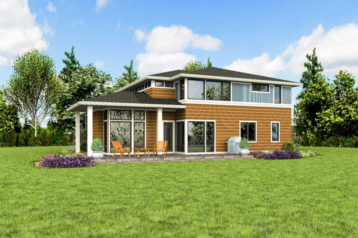 Modern house plan exterior with two stories, horizontal siding, large windows, and a covered porch with columns.