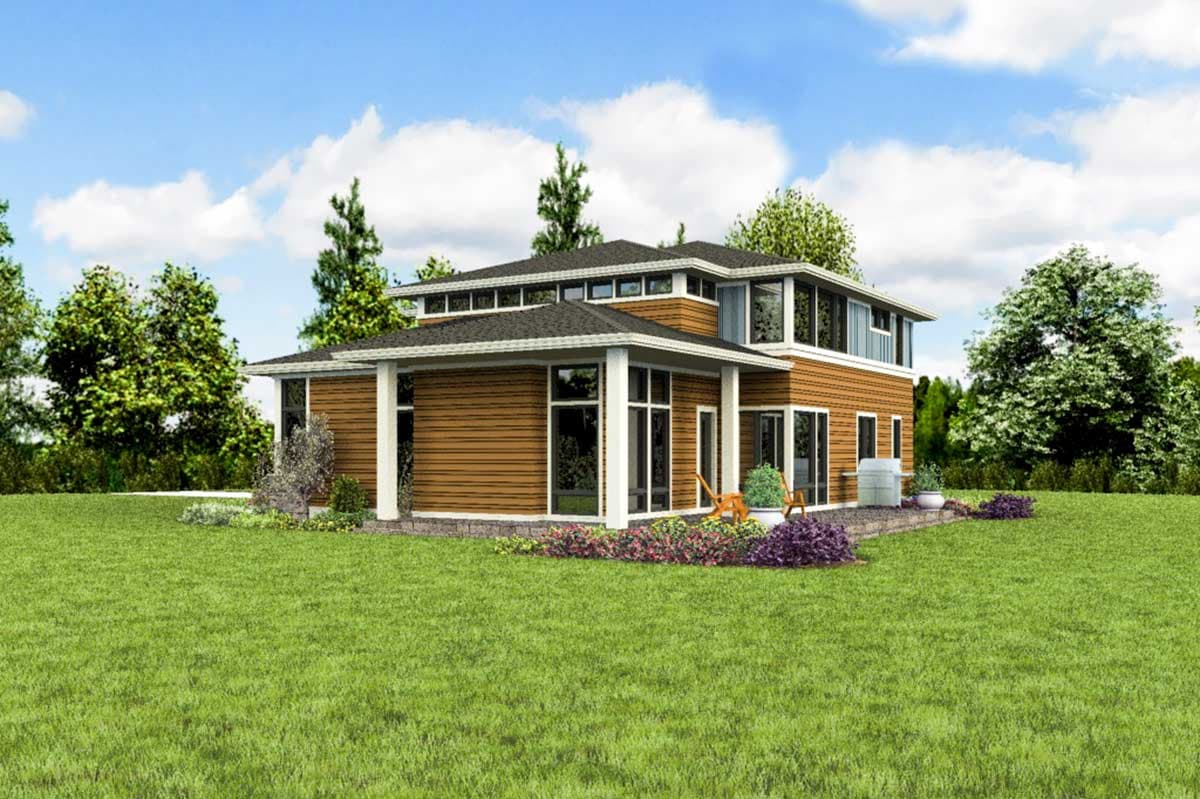 House plan exterior rendering with a two-story modern design, horizontal siding, large windows, and flat rooflines.