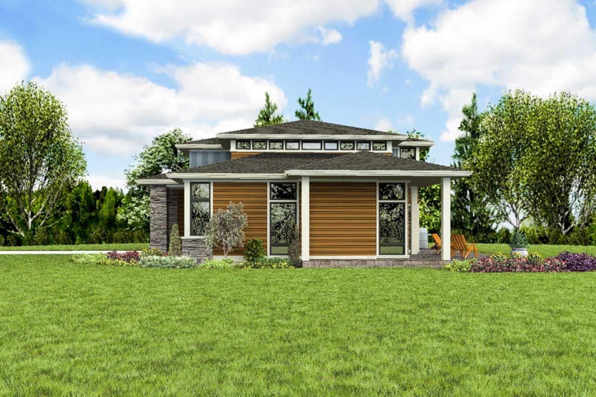Modern house plan exterior with horizontal siding, stone accents, a hip roof, and clerestory windows.