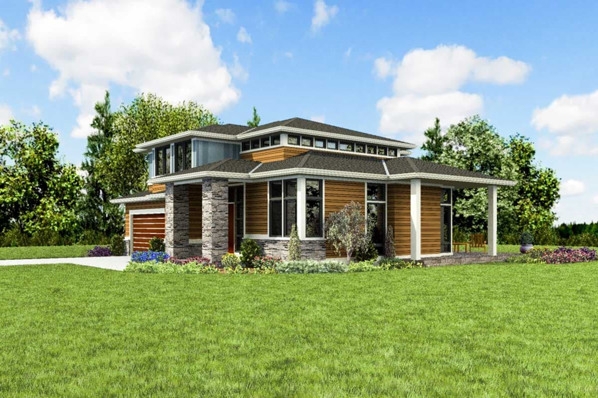 Modern house plan exterior with stacked stone columns, a two-car garage, and flat rooflines.