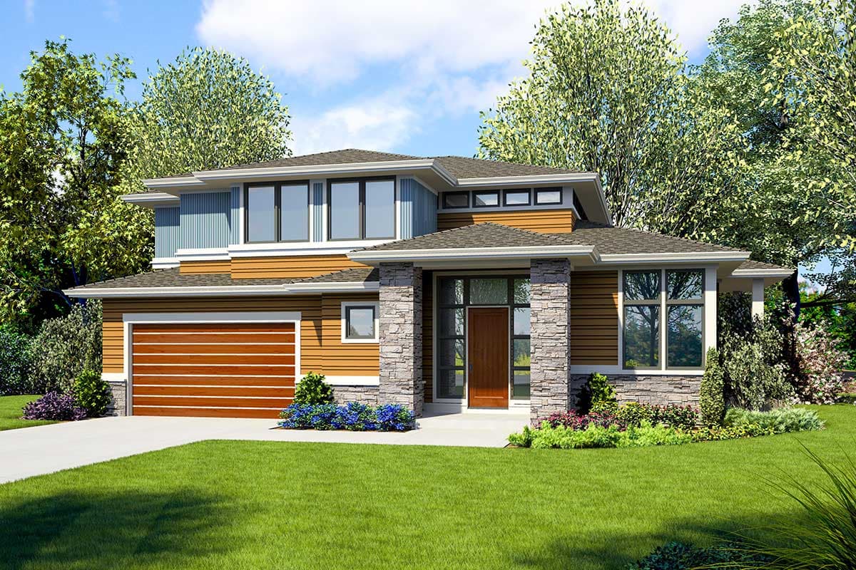 House plan exterior featuring a modern style, two stories, stone columns, horizontal siding, and a garage with a wood-tone door.