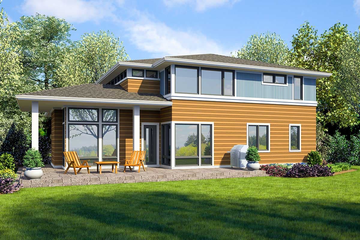 Modern house plan exterior, two stories, with wide windows, horizontal siding, and a flat roofline.