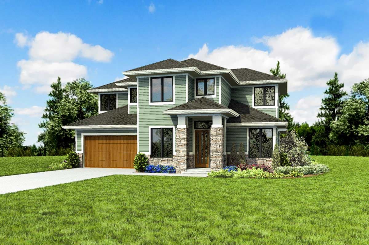 House plan exterior of a two-story Modern Farmhouse with a covered front porch, stone accents, and a side-facing garage.