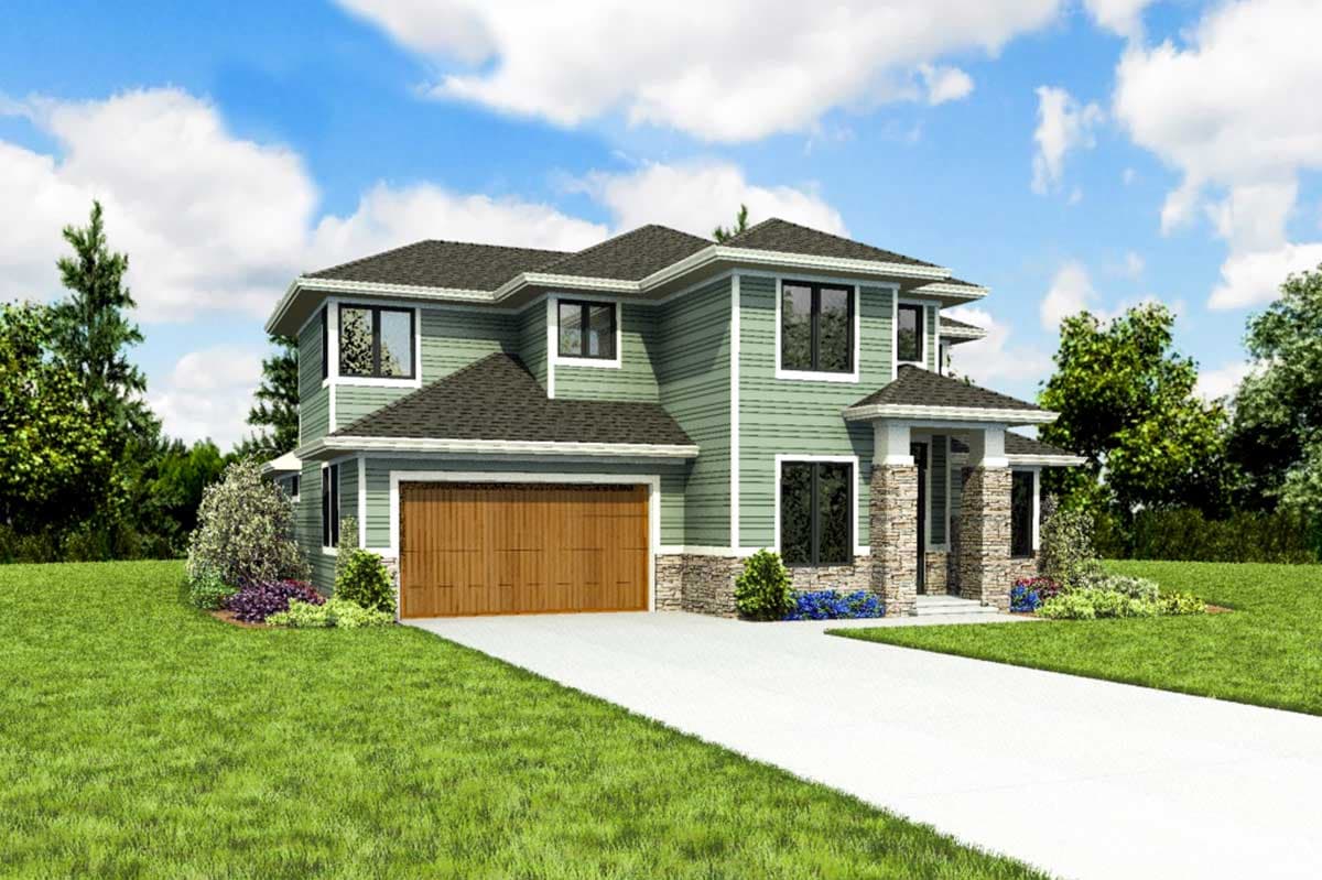 House plan exterior: two-story home with horizontal siding, gable roof, stone accents, covered entrance, and two-car garage.