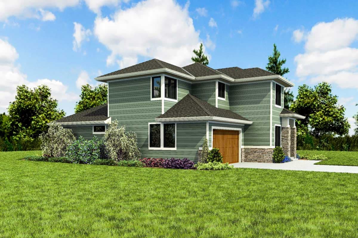 House plan exterior of a two-story modern home with a hip roof, siding, stone accents, and an attached garage.