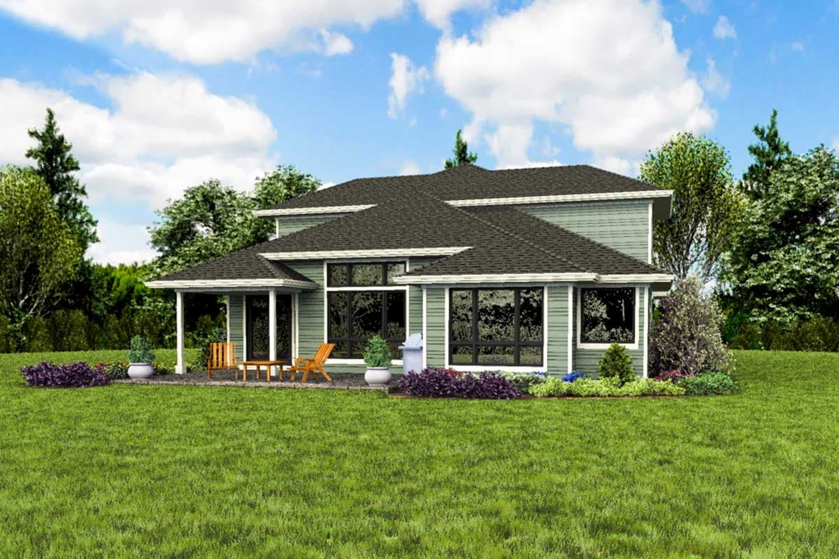 House plan exterior: Two-story Modern Farmhouse with a covered porch, multiple gables, and large picture windows.