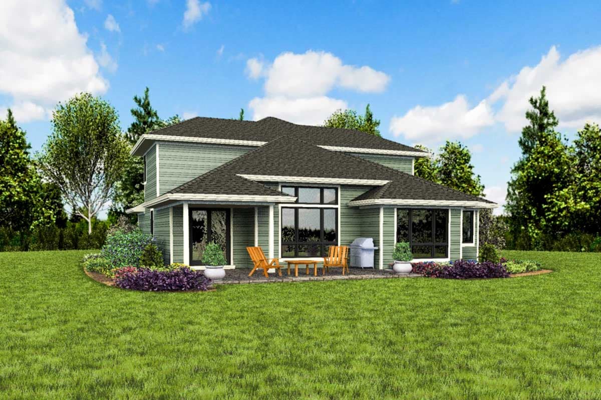 House plan exterior: Two-story house with a prominent gable roof, large windows, and a covered porch.