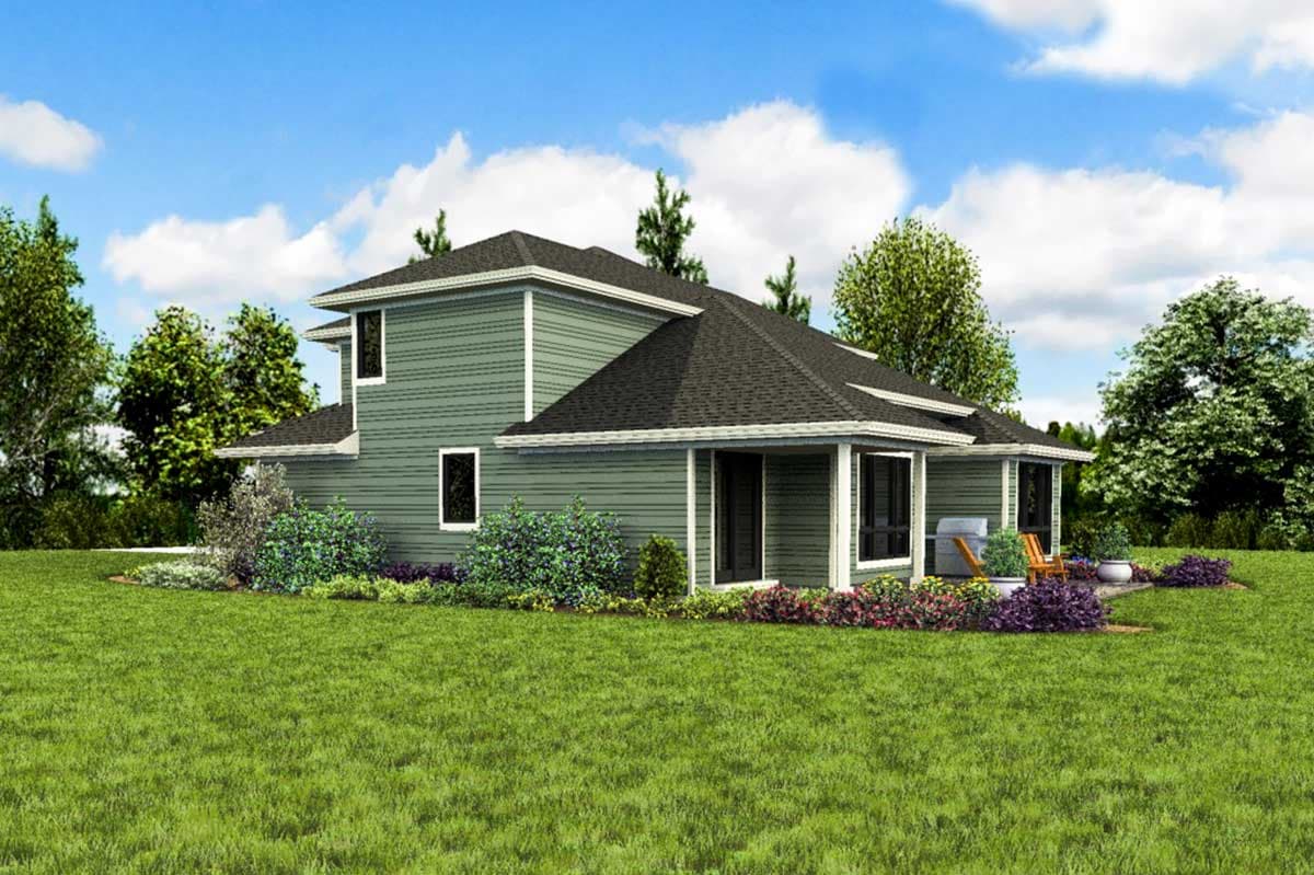 House plan exterior: Two-story home with a covered porch, lap siding, and multiple gables.