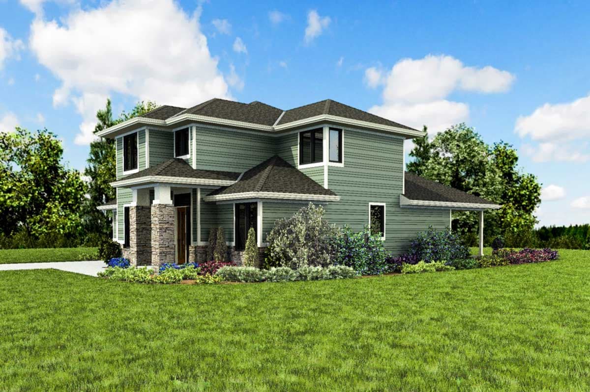 House plan exterior rendering of a two-story home with stone accents, gabled rooflines, and covered porch.
