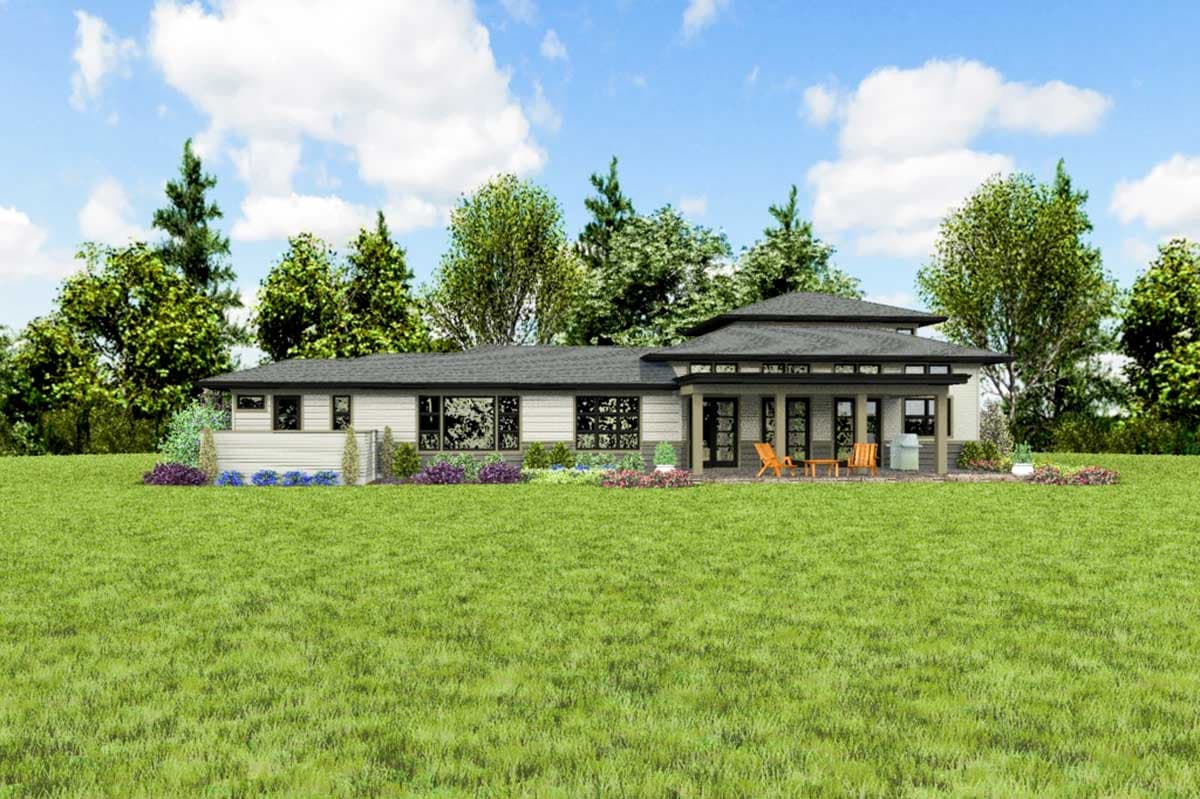Modern ranch house plan exterior with covered patio, large windows, and multi-level rooflines.