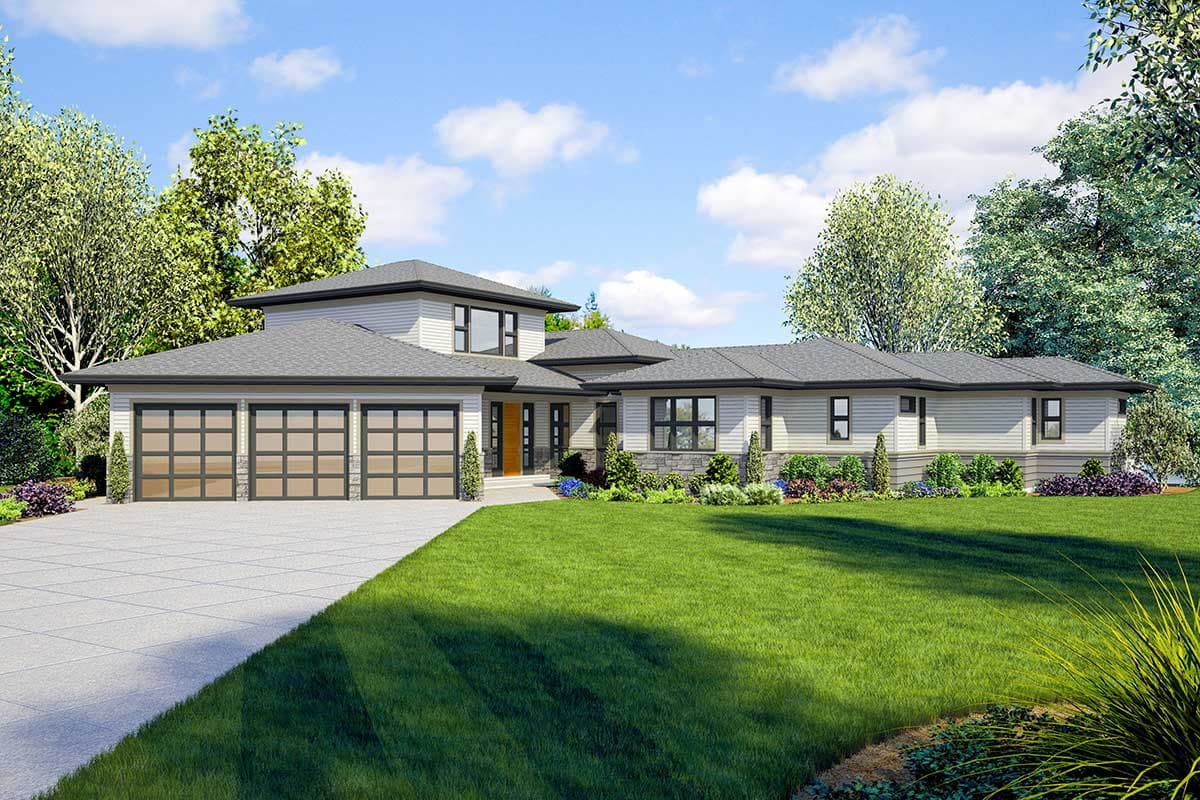 House plan exterior. Modern style, one-story home with a three-car garage, multiple rooflines, and a covered entry.